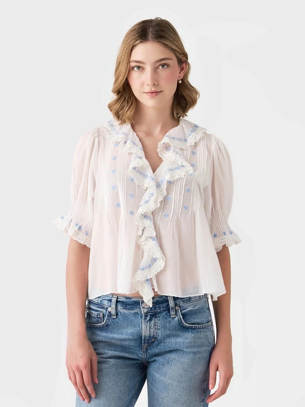 Doen Hettie Top Floral Ruffle Blouse White & Blue Small